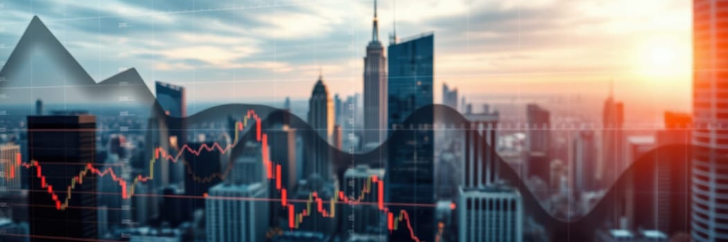 A bustling city skyline features tall buildings and an iconic tower as a financial chart overlays, illustrating market trends at sunset in an urban setting.