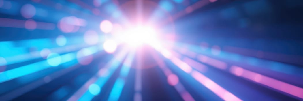 Bright, colorful light beams spread outward in various shades, creating an energizing atmosphere. The rays suggest a festive or celebratory environment filled with movement.