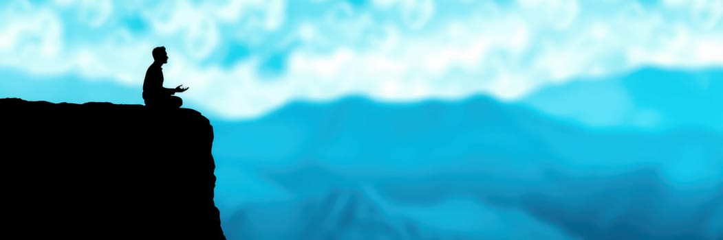 A person sits in a meditative pose on a cliff, overlooking expansive mountains and a clear blue sky, creating a calming and tranquil atmosphere. Nature surrounds this peaceful moment.