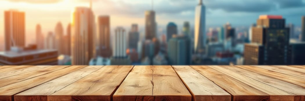 A wooden table overlooks a city skyline at sunset, with warm light illuminating the towering buildings. The clouds add depth to the beautiful urban landscape.