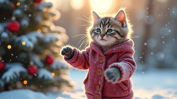 Kitten against the background of a New Year's winter landscape