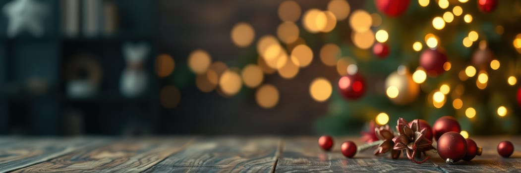 A table adorned with red ornaments rests in front of a beautifully lit Christmas tree. The warm bokeh lights create a cheerful holiday ambiance, inviting warm memories and joy.