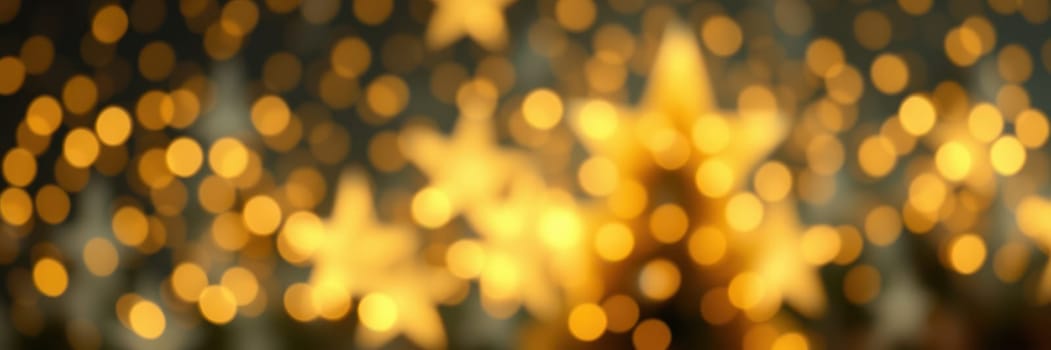 Twinkling golden star-shaped lights illuminate the space, enhancing the warm and inviting ambiance for guests celebrating the holiday season in a joyful gathering.