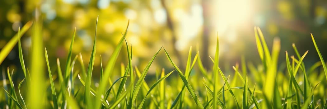 Soft sunlight casts a warm glow on lush green grass, highlighting the individual blades. The scene evokes a peaceful atmosphere typical of a calm afternoon in nature.