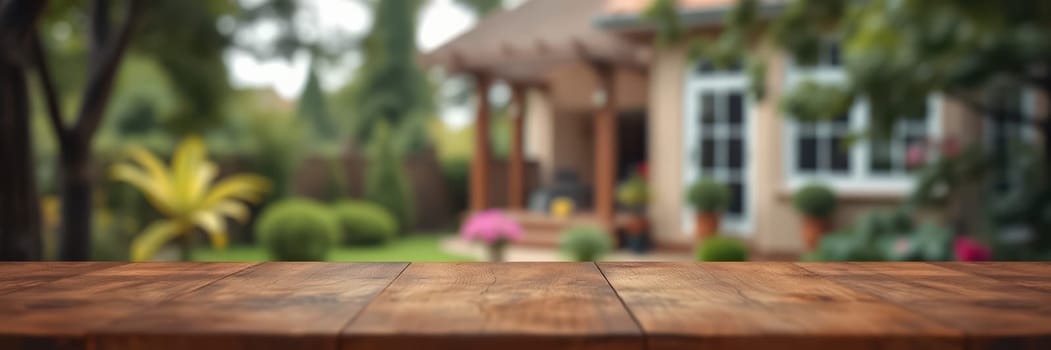 A rustic wooden table stands in a well-kept garden, with a blurred house and vibrant plants in the background under sunny daylight. The environment feels welcoming and serene.