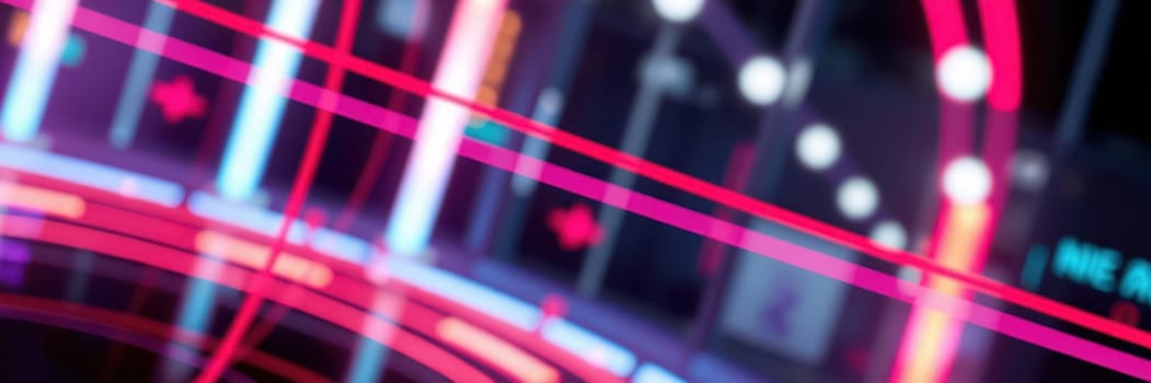 A dynamic display of neon lights creates an energetic atmosphere, with intricate shapes and bright colors reminiscent of a futuristic digital landscape.