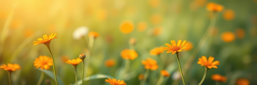 A lush meadow bursts with bright yellow flowers under the warm glow of the afternoon sun. Green grass sways gently in the breeze, creating a peaceful spring atmosphere.