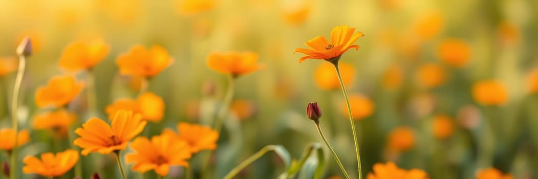 A vibrant meadow filled with blooming orange flowers stretches under the warm sunlight of a clear spring afternoon, creating a cheerful and uplifting atmosphere.
