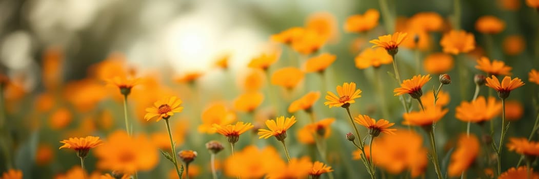 A field filled with blooming orange flowers sways gently in the breeze. Sunlight filters through leaves, illuminating the vibrant petals and creating a peaceful garden atmosphere.