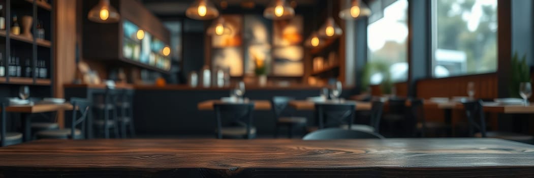 Warm lighting creates a cozy atmosphere in a rustic restaurant interior. Wooden tables are set for diners in a welcoming space with a stylish bar area in the background.