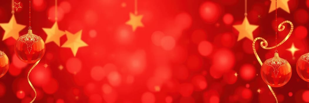 A vibrant red background adorned with golden stars and shiny red ornaments creates a cheerful atmosphere, perfect for holiday celebrations and festive decorations.