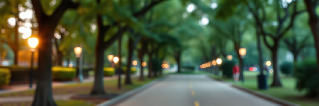A tranquil avenue bordered by lush trees is softly illuminated by streetlights as evening approaches, creating a peaceful and inviting atmosphere.