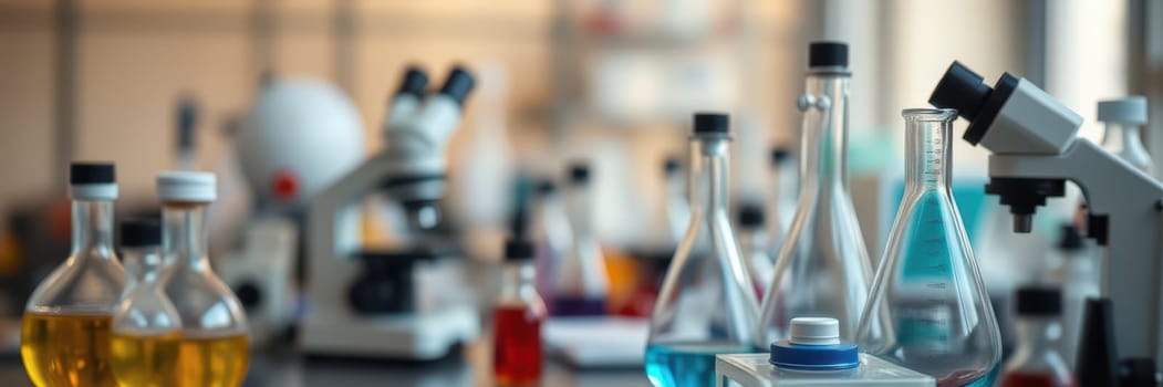 Various types of laboratory glassware are filled with colorful liquids in a well-organized scientific space. Microscopes and equipment are visible, indicating an active research environment.