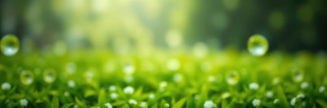 Fresh green grass covered with dewdrops reflects the sunlight in a tranquil atmosphere. A peaceful moment early in the morning showcases nature's beauty.