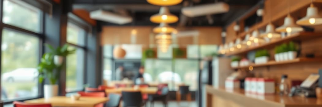 A stylish cafe features wooden furniture and vibrant plants, creating a welcoming atmosphere. Patrons mingle while enjoying their time in the space.