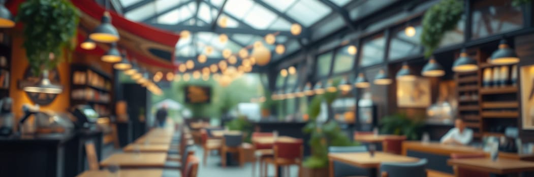 This vibrant dining area features wooden tables, soft lighting, and greenery, creating a welcoming atmosphere for patrons to relax and enjoy their meals.