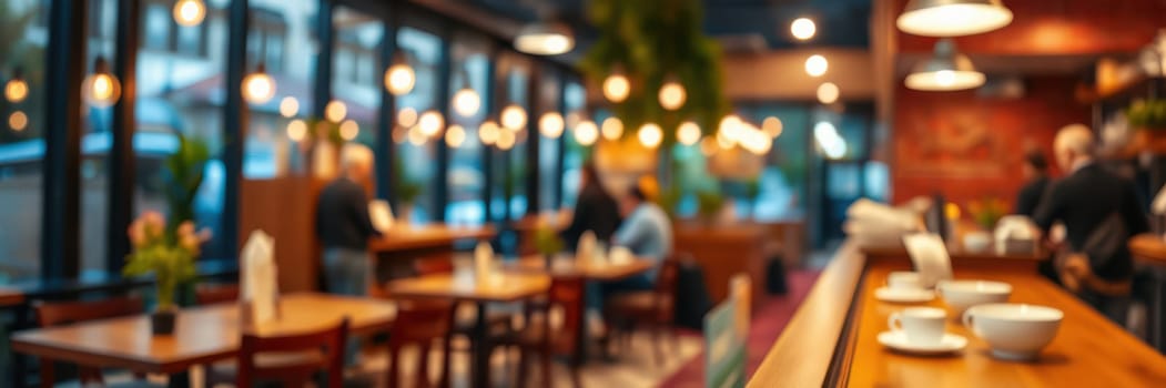 A bustling cafe features wooden tables filled with customers enjoying conversations, warm lighting creating an inviting ambiance, and plants adorning the space.