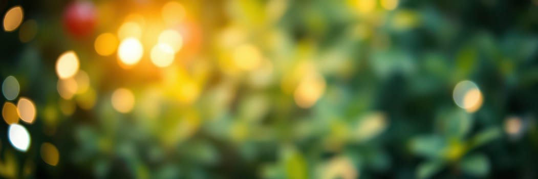 Warm bokeh lights shimmer softly in a vibrant garden during golden hour, creating a serene and enchanting atmosphere among green foliage.
