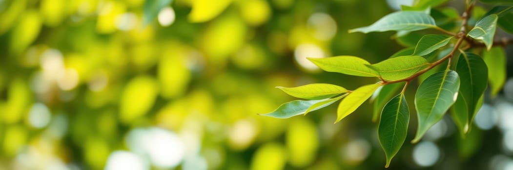 Sunlight filters through vibrant green leaves in a garden, creating a serene ambiance. The lush foliage reflects the warmth of early afternoon, inviting tranquility.