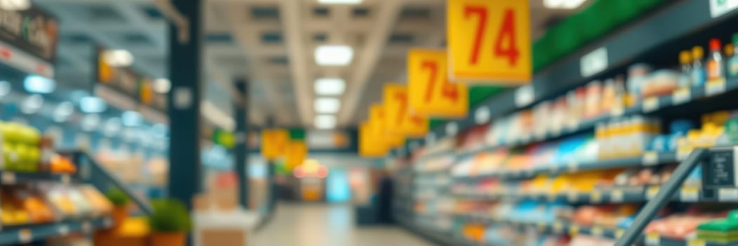 Brightly lit supermarket aisle filled with various products on shelves. Bright yellow sales signs hang overhead. Customers browse and shop for groceries in a busy environment.
