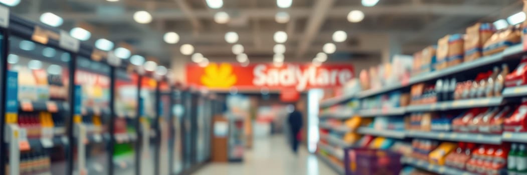 Busy grocery store with shoppers navigating through aisles. Shelves are stocked with a range of products, creating a vibrant and lively atmosphere during the day.