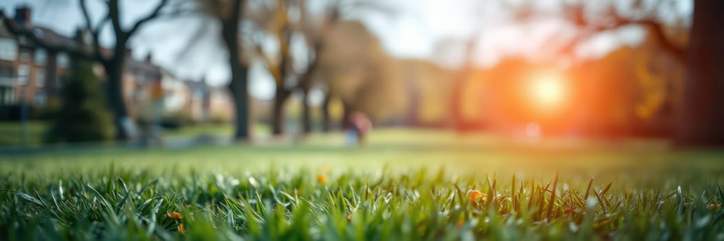 A peaceful park features lush green grass bathed in warm sunlight during a late afternoon. Trees provide shade as people enjoy the outdoors, creating a serene atmosphere.
