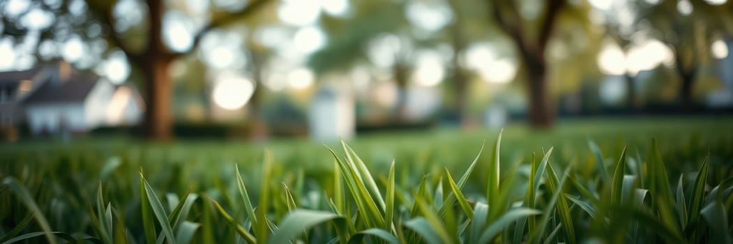 The image showcases lush green grass in focus, surrounded by blurred trees and residential buildings in the distance under warm afternoon sunlight.