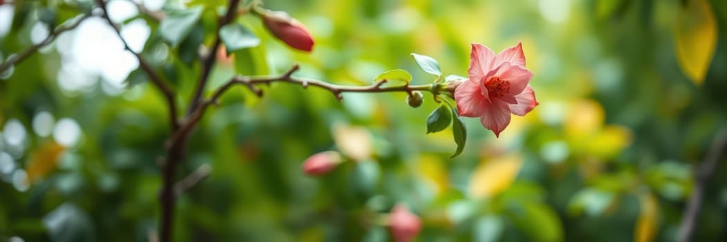 A close-up view of pink flowers on a slender branch in a garden filled with greenery. The background features lush leaves, illuminated by soft sunlight, enhancing the serene atmosphere.