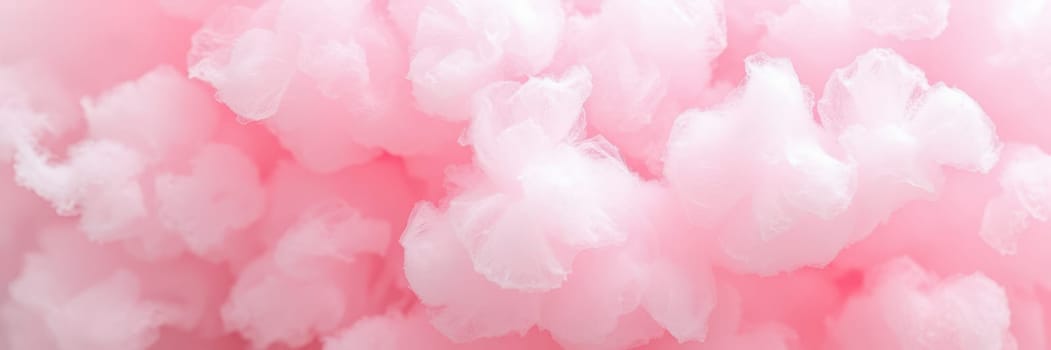 Soft pink cotton candy clouds swirl and float in the air, reminiscent of a joyful carnival day. This fun setting invites people to indulge in sweet treats and enjoy the lively atmosphere.