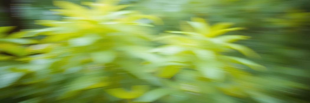 Lush green leaves blur together, conveying a sense of movement and life. The soft light of early morning illuminates the vibrant foliage, enhancing the natural beauty.