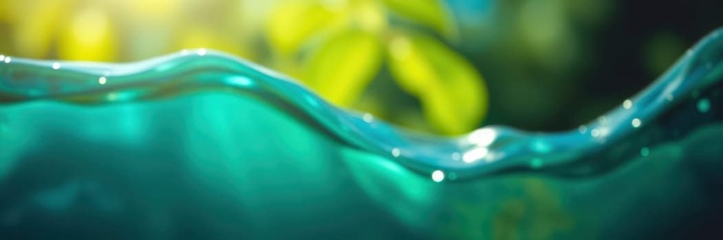 Turquoise water ripples gracefully as sunlight filters through surrounding leaves, creating a tranquil atmosphere. The vibrant colors evoke a sense of peace and relaxation.
