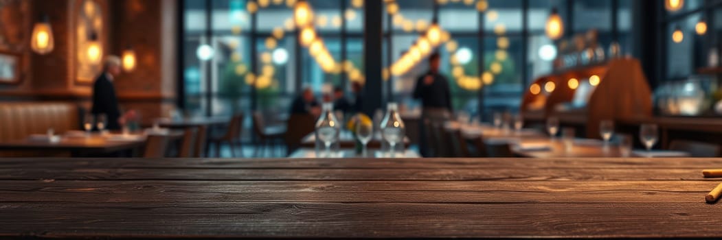 A warm and inviting restaurant features rustic wooden tables and stylish decor, creating a cozy atmosphere. Soft ambient lighting enhances the dining experience in the evening.