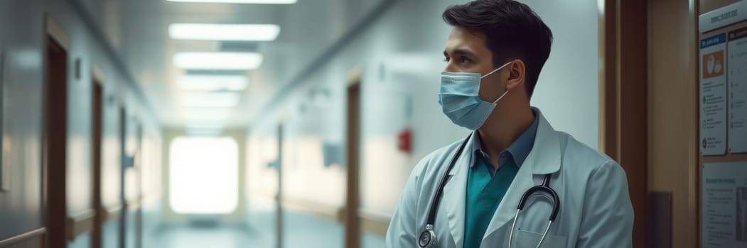A healthcare professional wearing a mask and scrubs stands in a hospital corridor, reflecting on patient care. The bright hallway suggests a busy day ahead with many responsibilities.