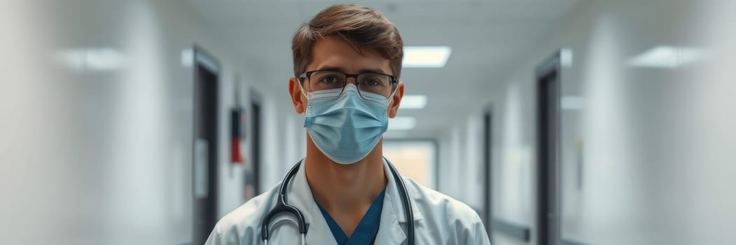 A young healthcare professional dressed in a white lab coat and scrubs stands confidently in a hospital corridor wearing a mask. The setting is a clean hallway with doors leading to medical rooms.