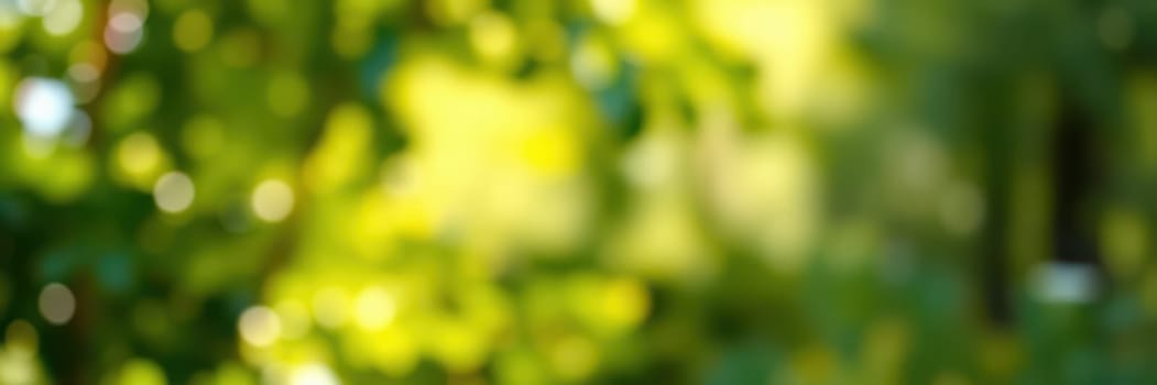 Bright sunlight streams through vibrant green leaves in a peaceful forest, creating a tranquil atmosphere in the early morning. Nature flourishes as shadows dance on the ground.