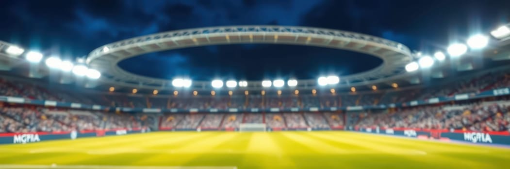 A grand stadium is brightly lit as night falls, showcasing well-maintained green grass and empty seats in anticipation of an upcoming event, with energy in the air.