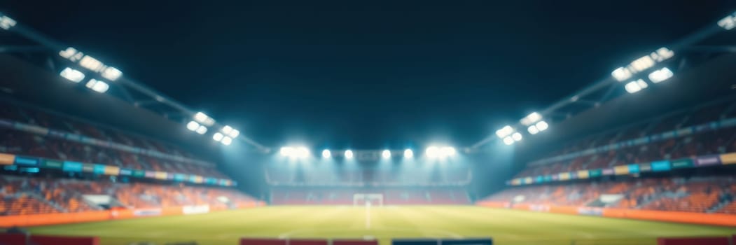 Bright stadium lights illuminate the football field at night, creating an energetic atmosphere. Fans cheer from the stands as players prepare for the game ahead.