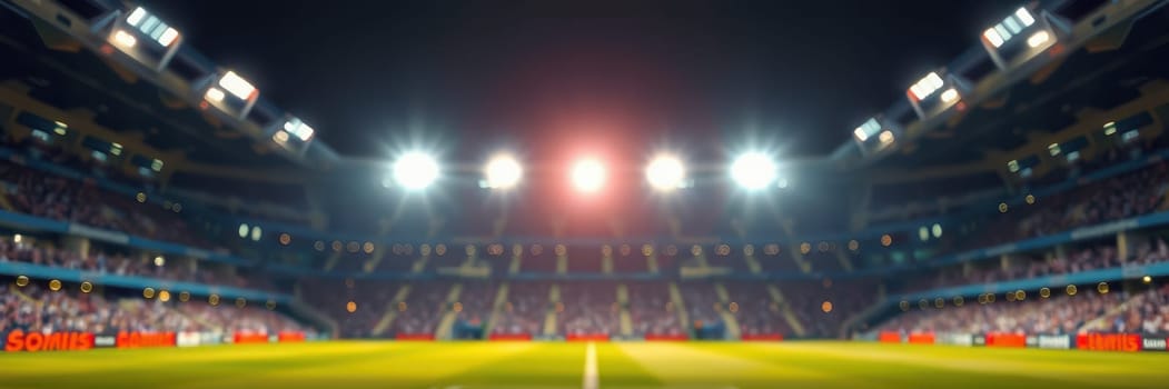 Spectators fill the stands as floodlights shine brightly over the vibrant soccer field, creating an electrifying atmosphere for an exciting match under the night sky.