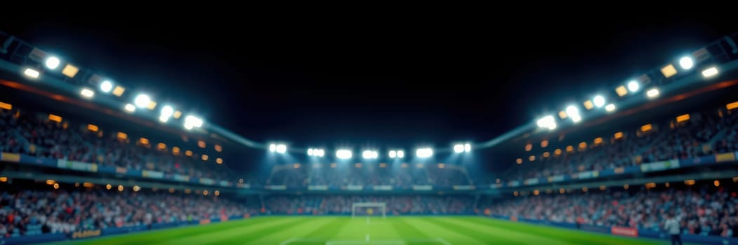 A bustling stadium is filled with enthusiastic fans under bright lights as excitement builds for the evening soccer match taking place on the lush green field.