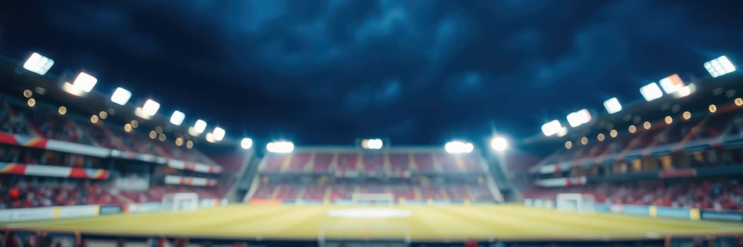 Bright stadium lights illuminate a grassy soccer pitch as dark stormy clouds gather overhead, creating a dramatic backdrop for the evening match.