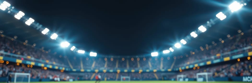 Bright stadium lights illuminate the field as fans cheer passionately in the stands. Players are poised for action during this exciting evening football match.