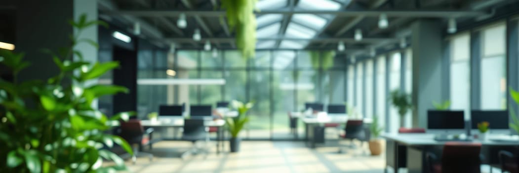 Spacious office features large windows allowing abundant natural light, with desks placed amid various indoor plants, creating a vibrant work environment.