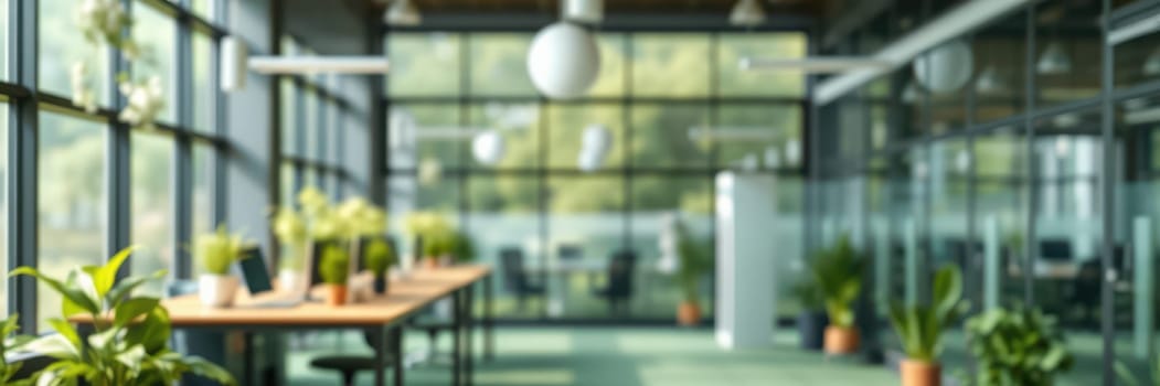A stylish office space showcases large windows allowing natural light to illuminate the area filled with greenery. Desks are arranged for teamwork, fostering creativity and productivity.