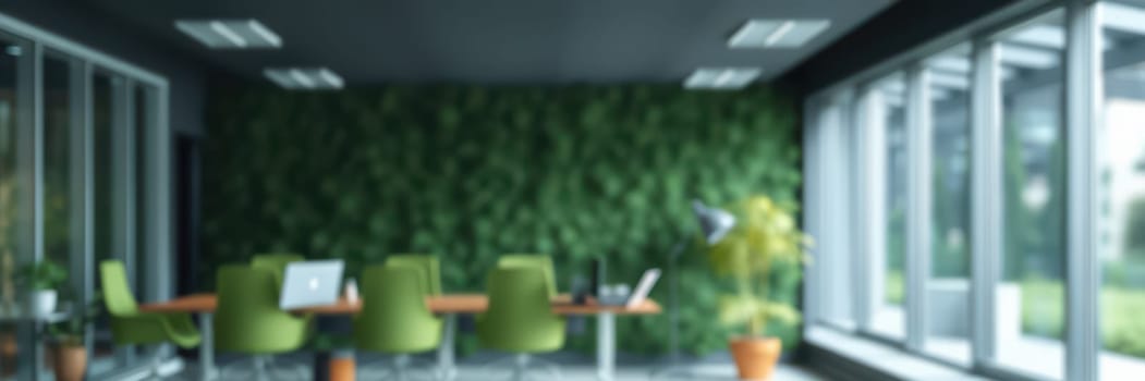 Bright and inviting office environment featuring green plants, a meeting table surrounded by chairs, and large windows allowing natural light to flood in.