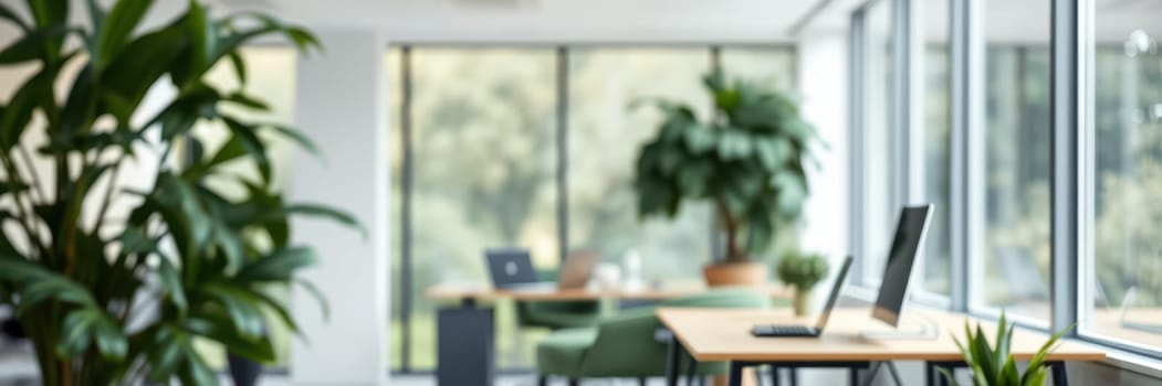 Bright and airy workspace features wooden desks, comfortable seating, and large windows that let in natural light, creating a tranquil atmosphere for collaboration and focus.
