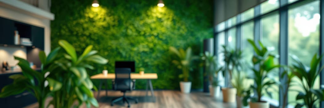 Bright and inviting workspace features a green living wall and large windows. Plants are strategically placed around a simple desk and chair, creating a tranquil vibe.