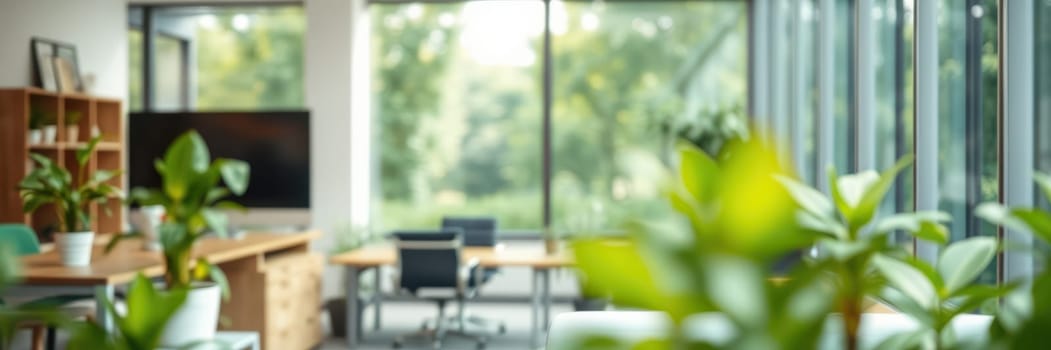 A spacious office environment features natural light pouring in through large windows. Desks are arranged neatly, accompanied by lush plants that enhance the atmosphere.