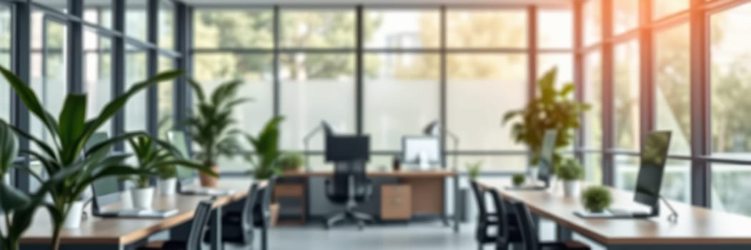 Bright office space features an open layout with large windows allowing sunlight to fill the area. Desks are organized with plants and modern equipment, promoting productivity.