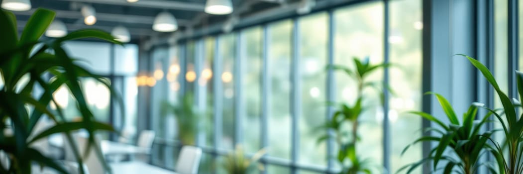 An airy workspace featuring large windows that allow natural light to flood in, complemented by vibrant plants. The setting offers a refreshing ambiance for productivity.