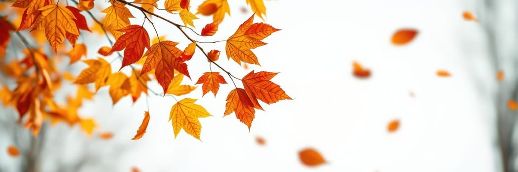 Vibrant orange leaves flutter down from branches, creating a picturesque scene in a tranquil environment. The air is crisp, capturing the essence of late autumn.